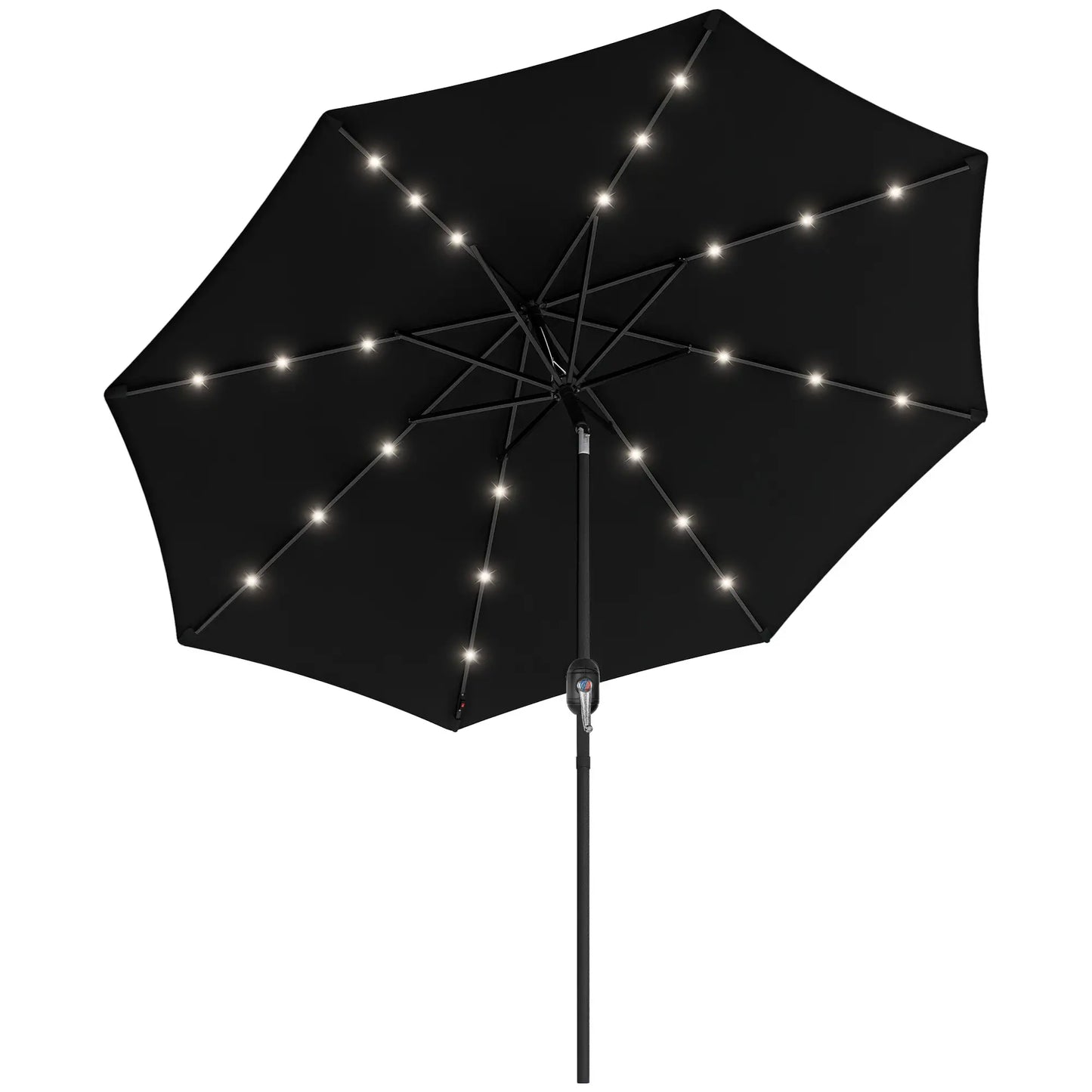 9ft Solar Patio Umbrella, 24 LED Lights, Tilt Canopy, Black