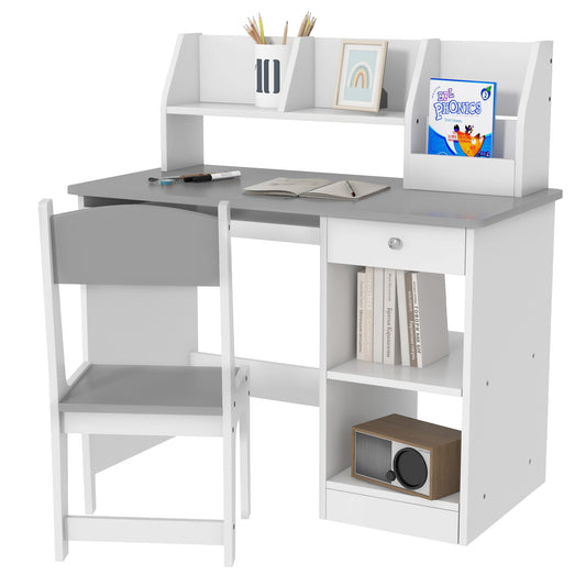 Kids Desk and Chair Set for 5-8 Year Old with Storage, Study Table and Chair for Children, Grey - Gallery Canada