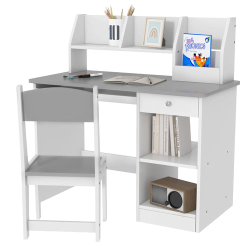 Kids Desk and Chair Set for 5-8 Year Old with Storage, Study Table and Chair for Children, Grey