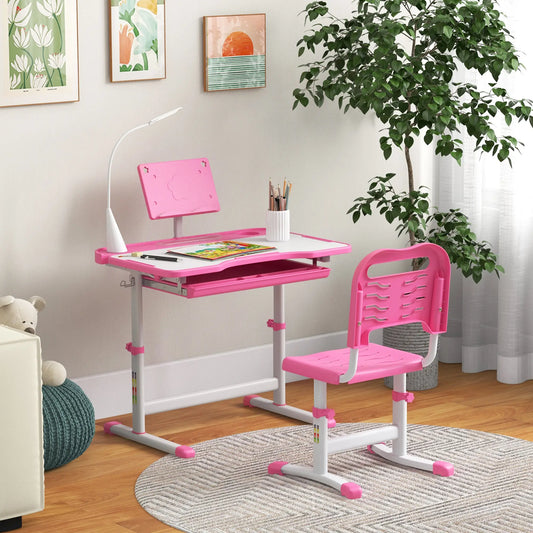 Kids Desk and Chair Set, Adjustable Height, Tilt Desktop, Pink Kids Desk Sets Pink at Gallery Canada