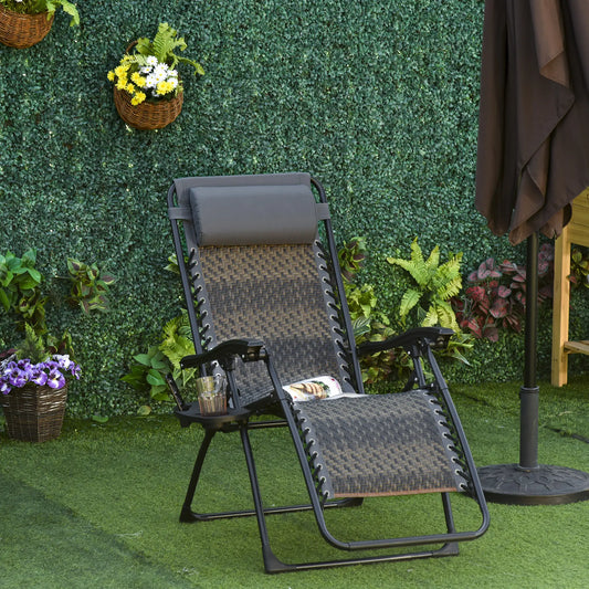 Wicker Folding Lounge Chair, Adjustable Backrest, Rattan Recliner with Headrest, Side Table Tray, Grey Lounger Chairs Grey at Gallery Canada