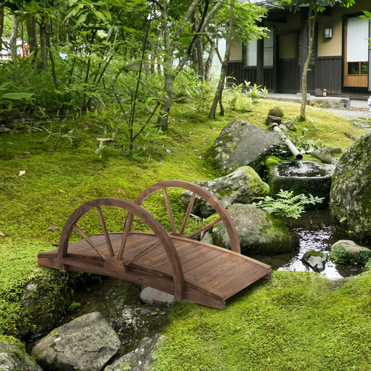 3.3ft Wooden Garden Bridge, Arc Stained Finish, Half Wheeled Railings Garden Bridges Stained Wood at Gallery Canada
