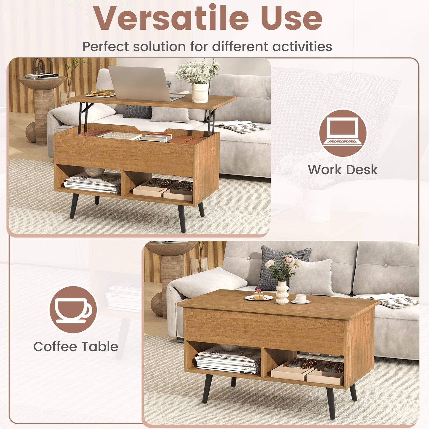 31.5 Inch Lift-Top Coffee Table, Hidden Storage, 2 Open Shelves, Natural Living Room at Gallery Canada