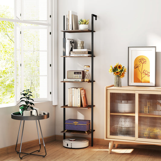 5 Tier Wall Mount Ladder Shelf, Anti-Tipping Kits, Rustic Brown Bookcases Rustic Brown at Gallery Canada