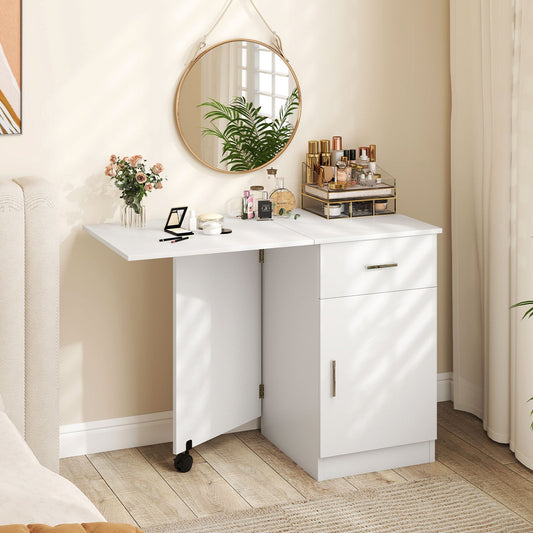 Folding Computer Desk With Drawer, Mobile Office Desk With Cabinet, White