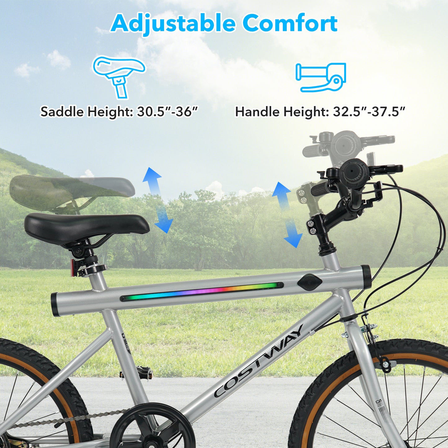 20 Inch LED Cycling Bike, 2 Speakers, Ambient Lights, Silver Kids Bike at Gallery Canada