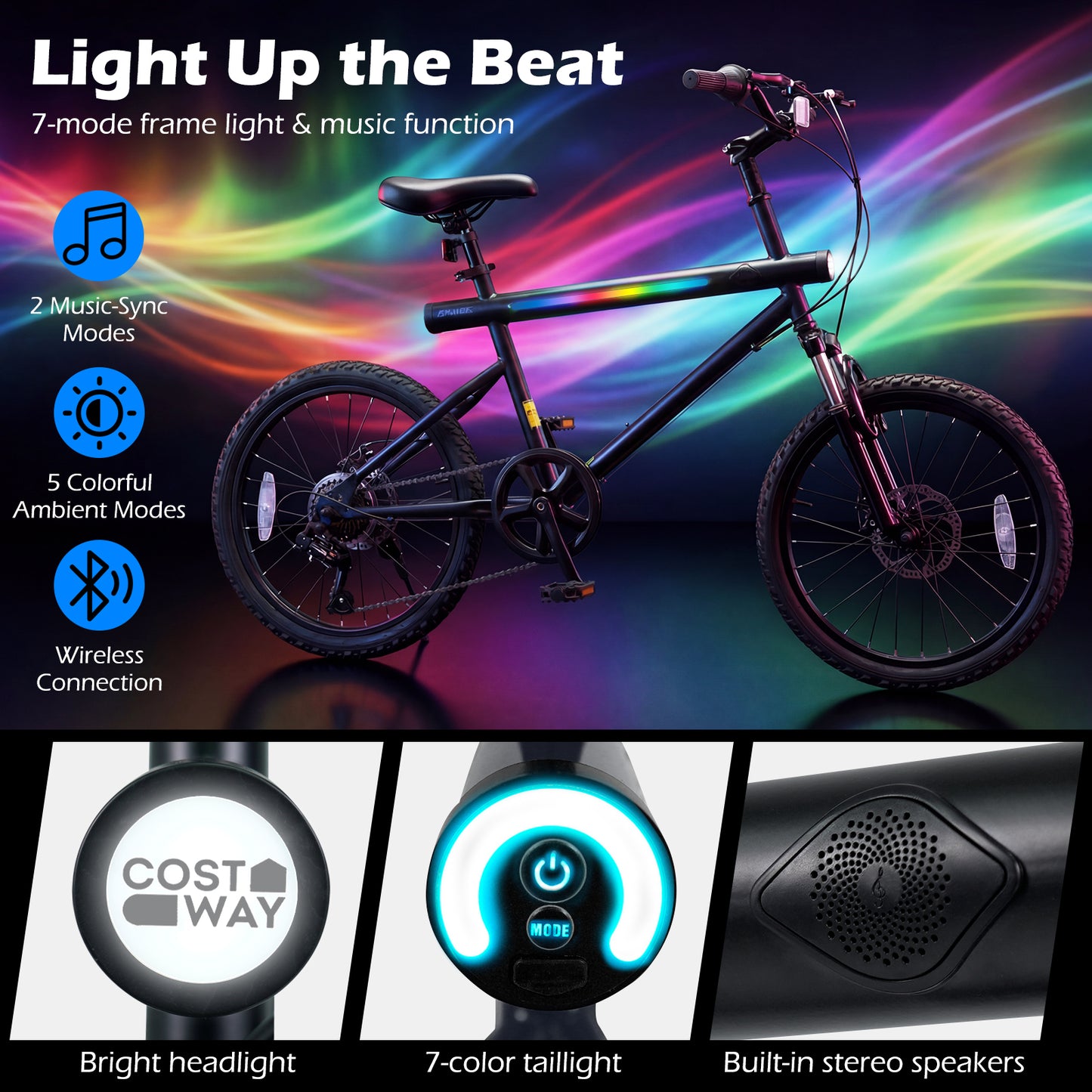 20 Inch Mountain Bike, LED Lights, 6-Speed Shimano, Black Kids Bike at Gallery Canada