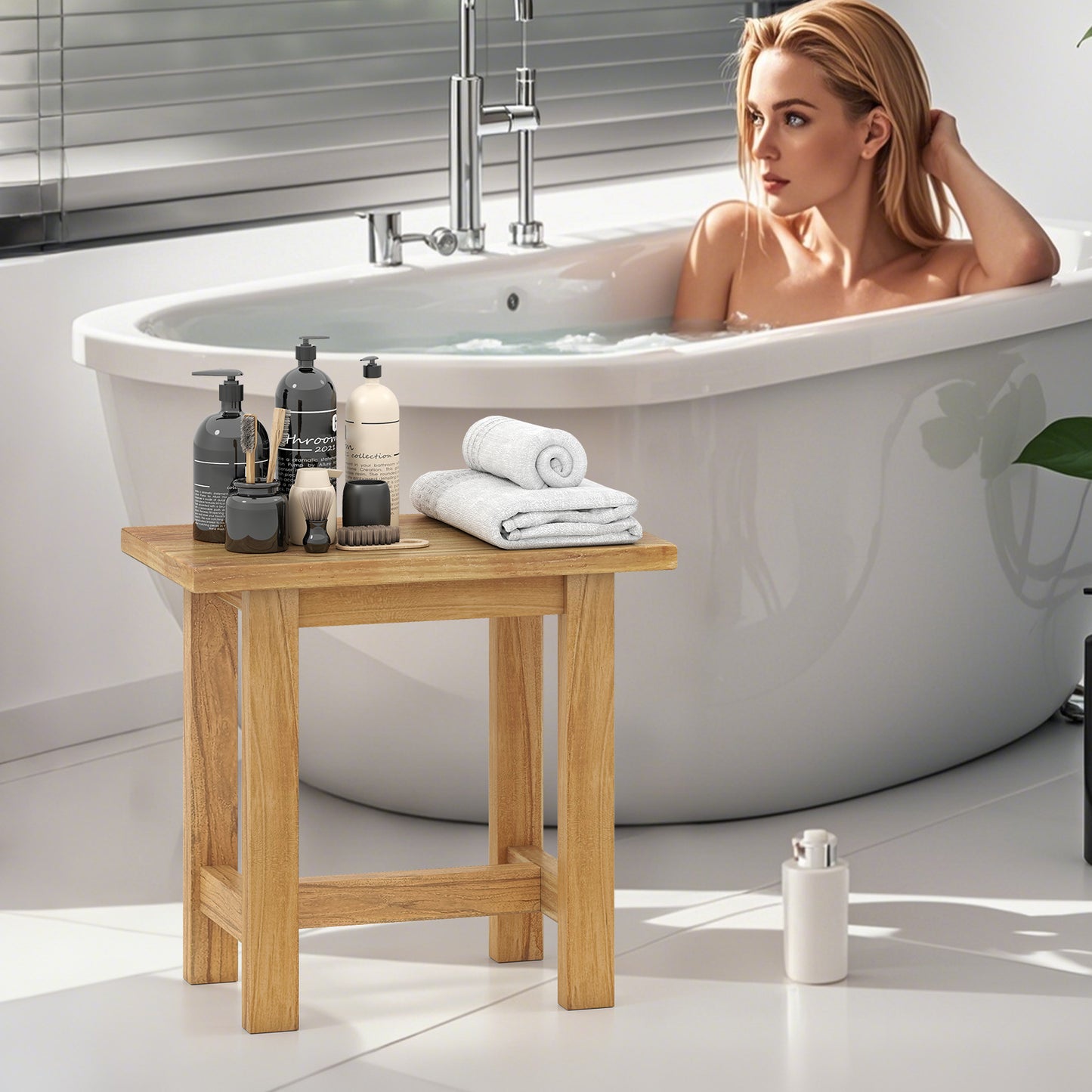 20 Inch Teak Shower Bench, Waterproof Shower Stool, Natural Bath Safety at Gallery Canada