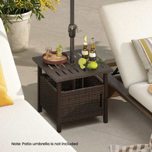 Outdoor Side Table with 1.93" Umbrella Hole All-Weather PE Wicker Patio Umbrella Table, Brown Patio Coffee Tables Brown at Gallery Canada