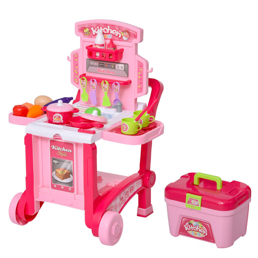 Pretend Play Kitchen Playset Chef Role Play Game 3-in-1 Design Suitcase Cart with 42 Pcs Accessories for Girls and Boys 3 to 6 Years Old Pink - Gallery Canada