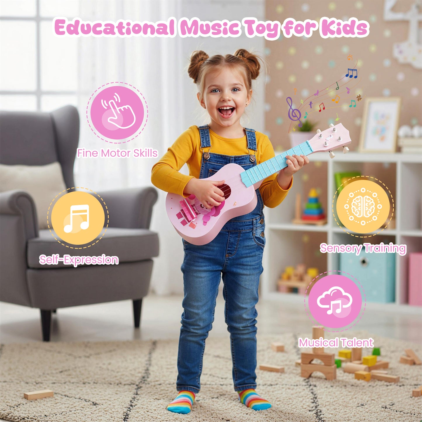 21 Inch Children Mini Ukulele with 4 Nylon Strings and 12 Frets, Pink & Blue Guitar & Strings at Gallery Canada