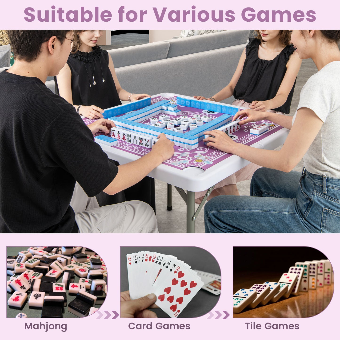 35 Inch 4 Player Folding Mahjong Table With Cup Holders, Pink Game Room at Gallery Canada
