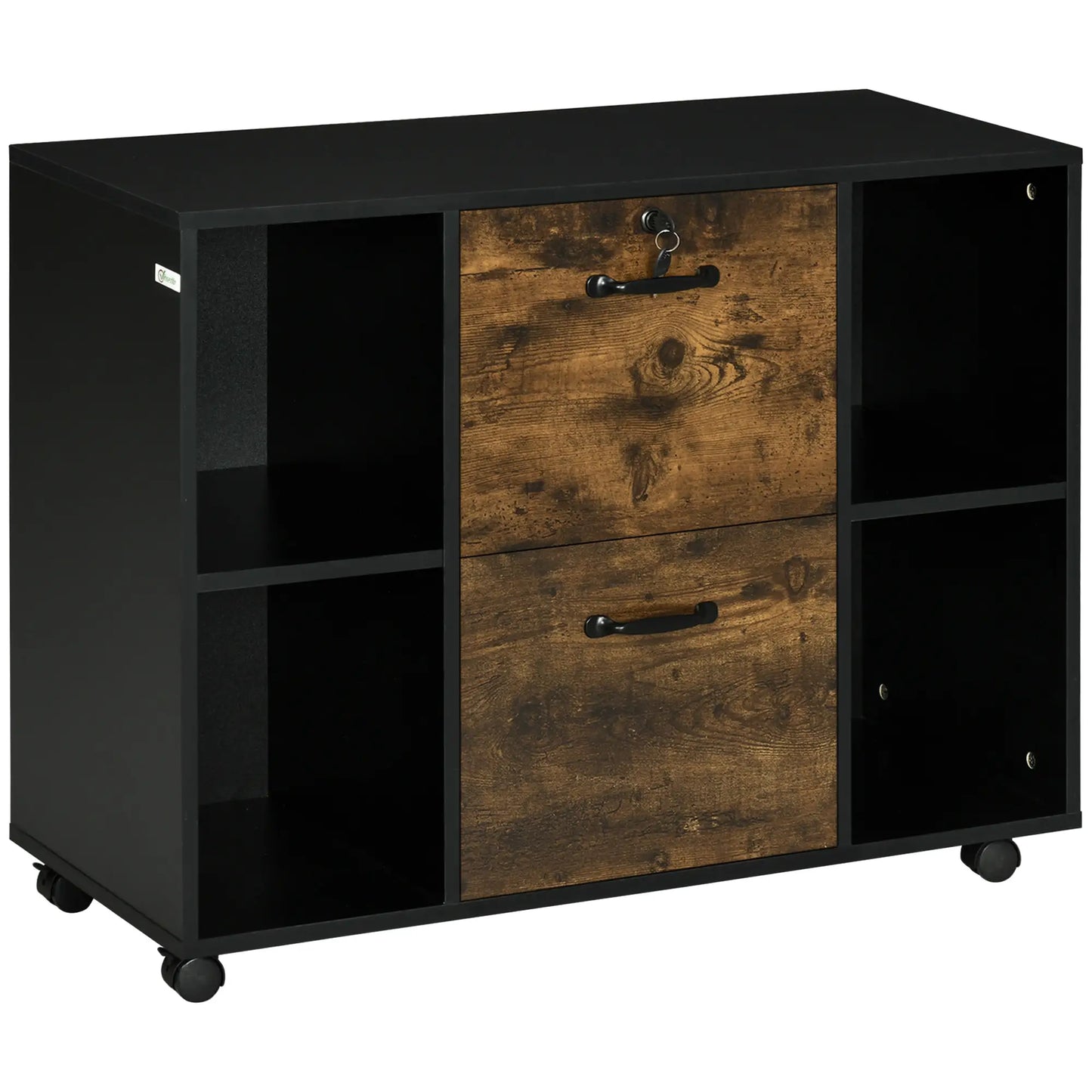 Lateral Filing Cabinet with Wheels, Lockable Drawer, Open Shelves, Rustic Brown Office Cabinets & Cupboards at Gallery Canada