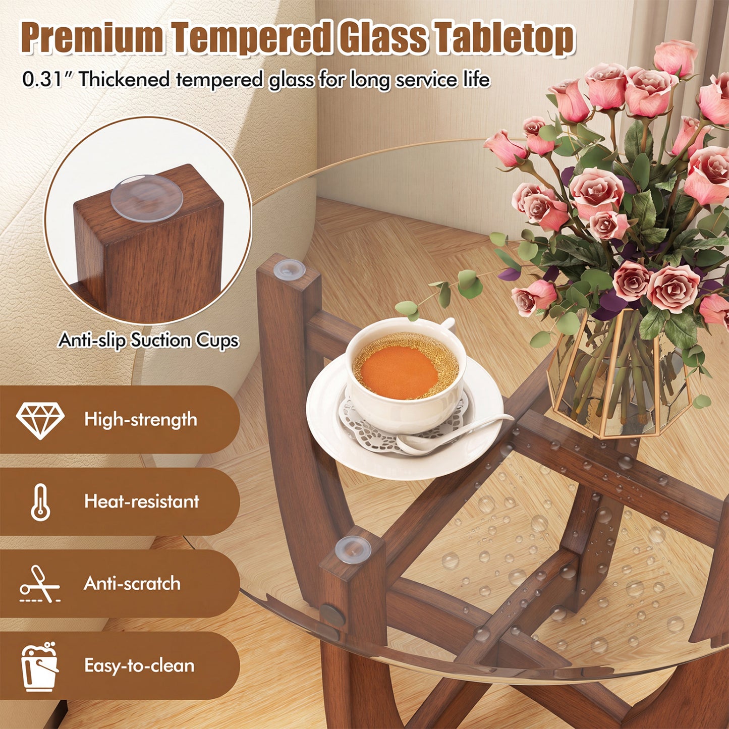 Table d'appoint ronde de 23,5", dessus en verre trempé, noyer
