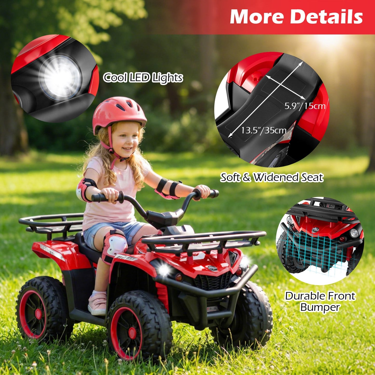 24V Electric Ride On Quad with LED Headlights, Red