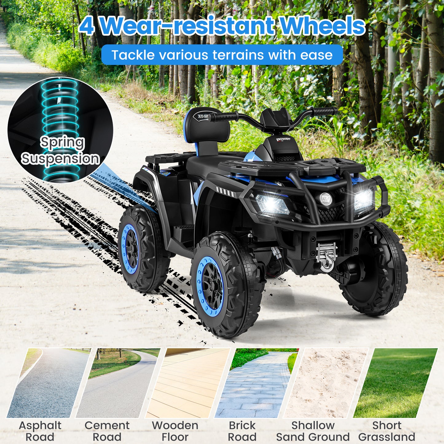 24V Kids ATV 2-Seater, 4 Motors, LED Lights, Music, Blue Powered Ride On Toys at Gallery Canada