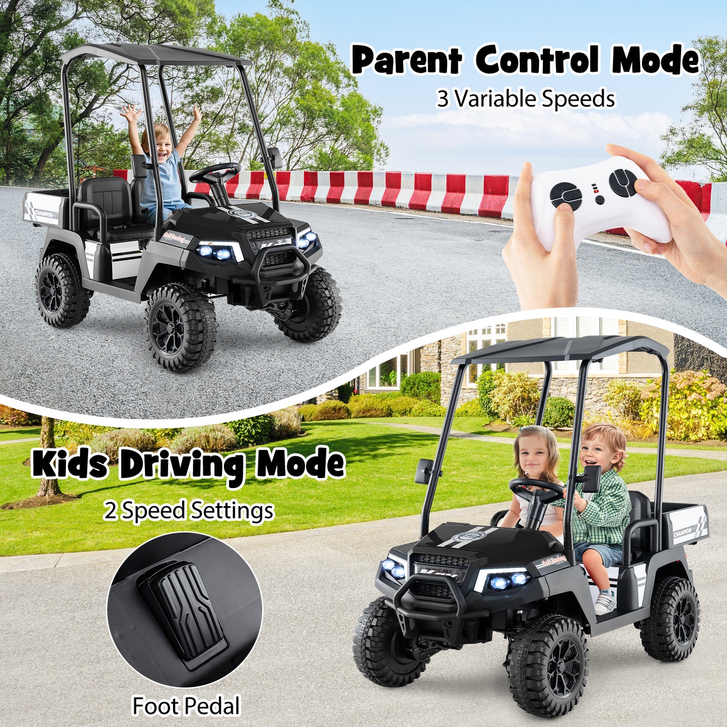 24V Kids Golf Cart, 4WD 2-Seater Ride On Car, Black Powered Ride On Toys at Gallery Canada