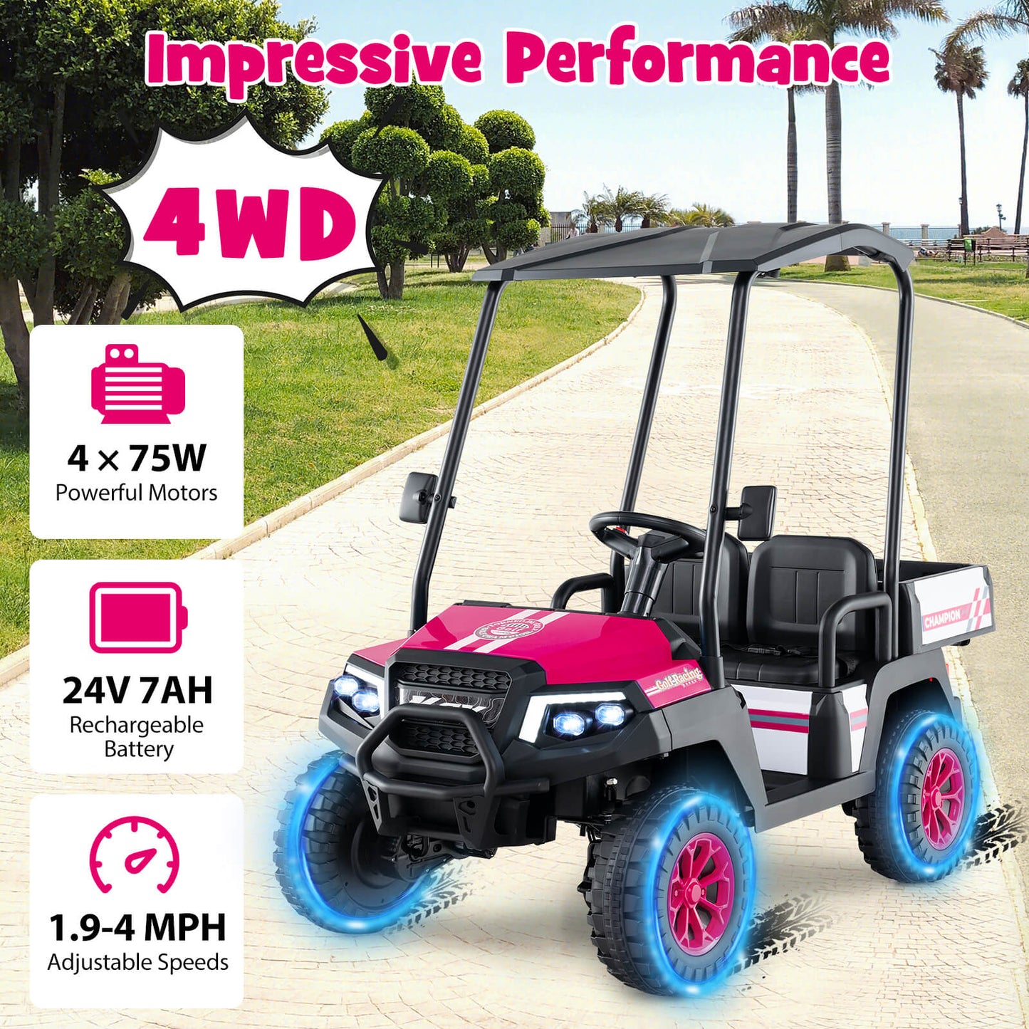 24V Kids Golf Cart, 4WD 2-Seater Ride On Car, Pink Powered Ride On Toys at Gallery Canada