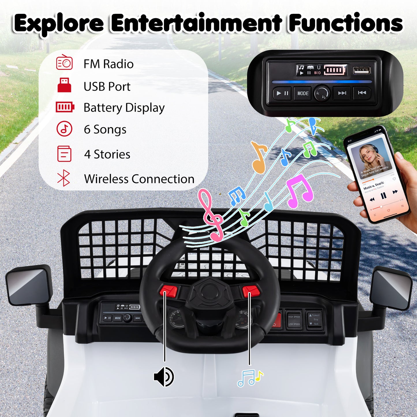 24V Ride On Car for Kids with Parent Remote Control and Music, White Powered Ride On Toys at Gallery Canada
