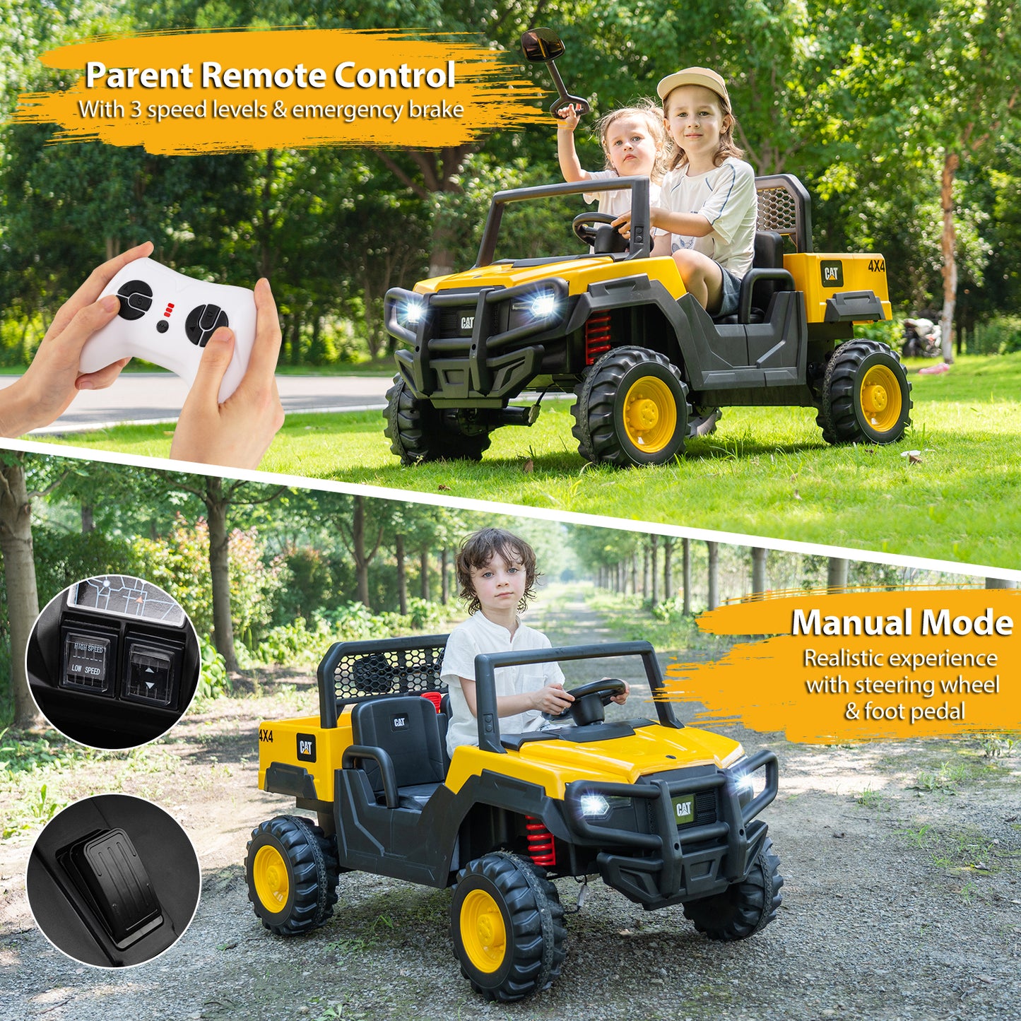 24V Ride On Dump Truck Licensed Caterpillar 2-Seater Kids Car with Remote Control, Yellow Powered Ride On Toys at Gallery Canada