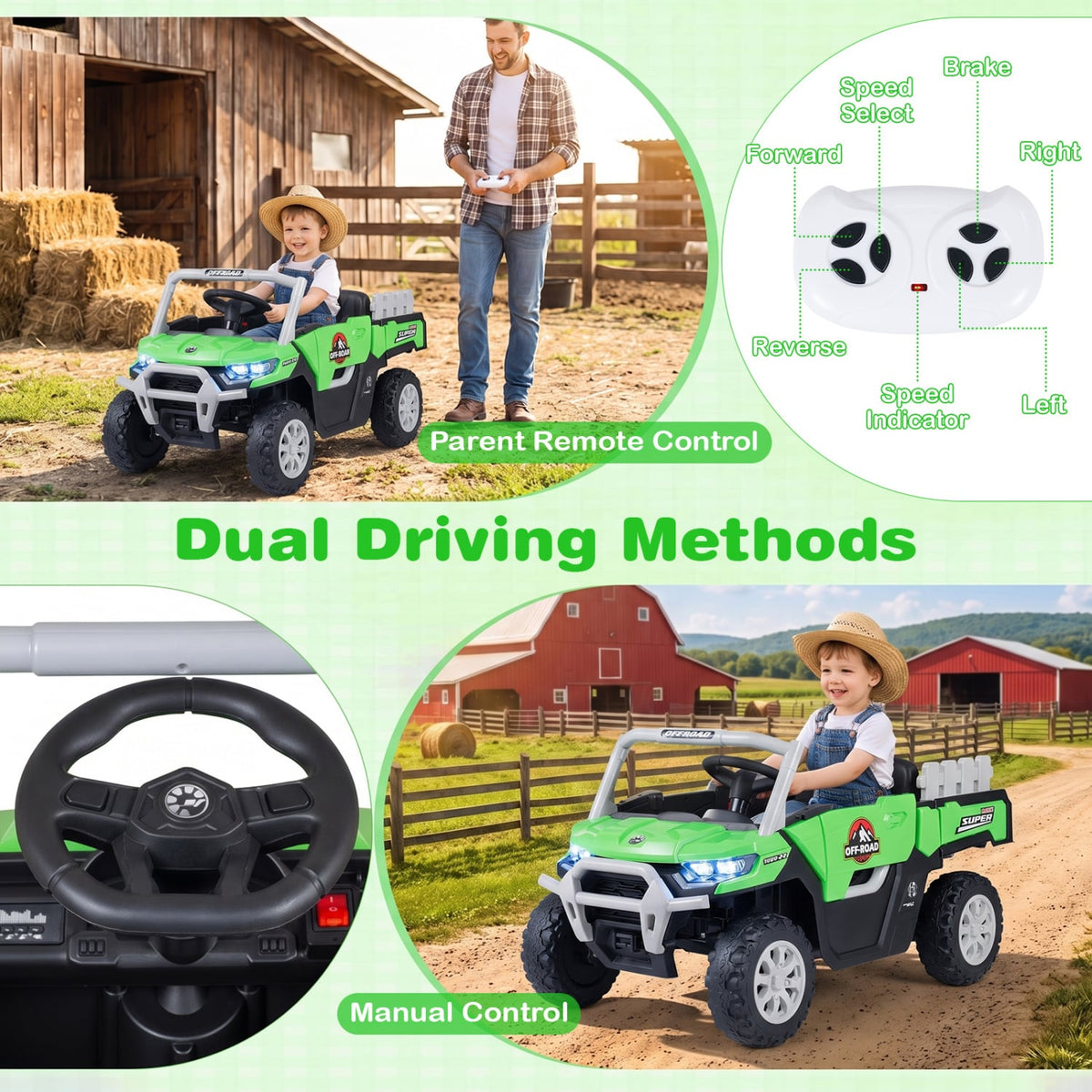 24V Ride On Dump Truck Car Off-Road, Remote Control, Music, Green Powered Ride On Toys at Gallery Canada