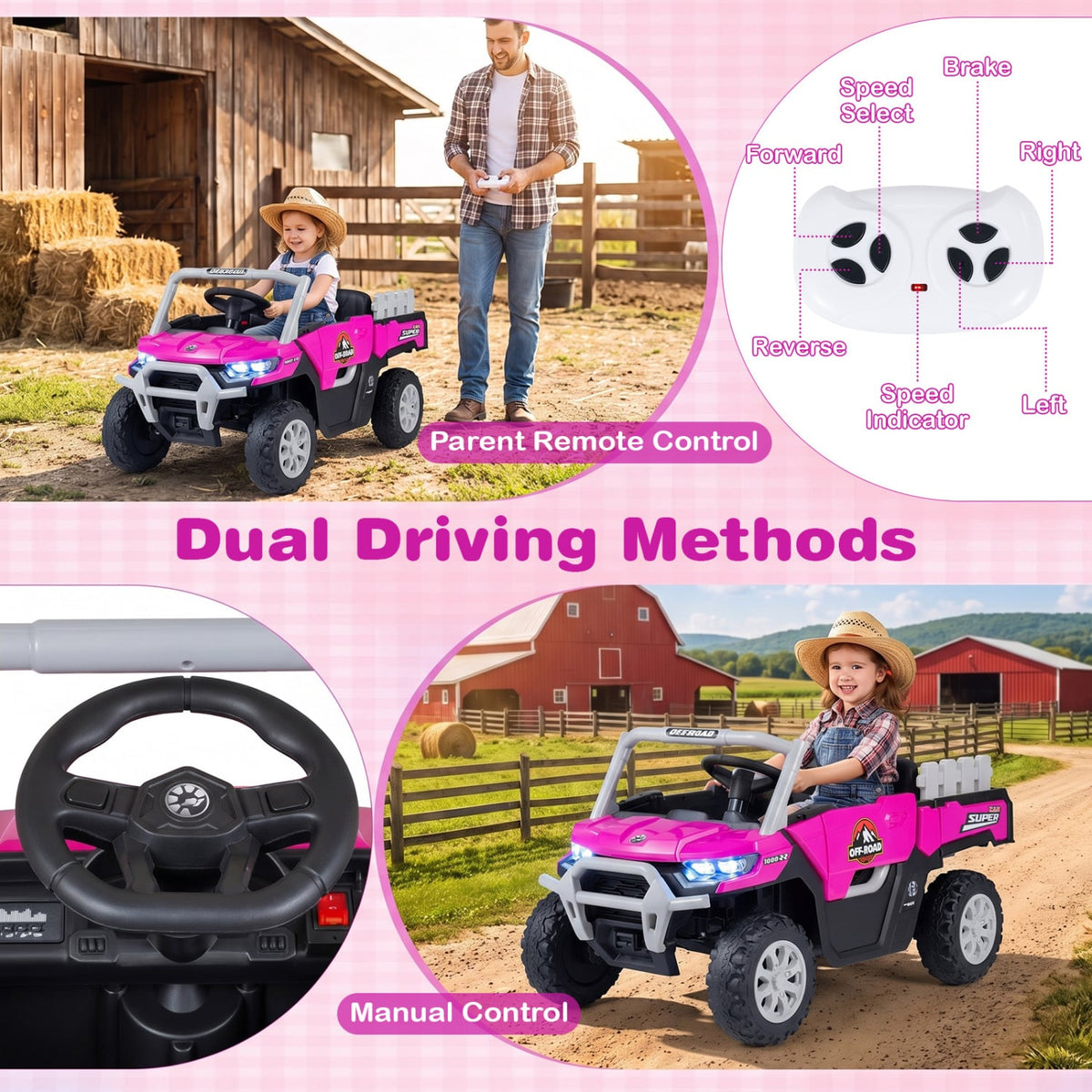 24V Ride On Dump Truck Car Off-Road, Remote Control, Music, Pink Powered Ride On Toys at Gallery Canada