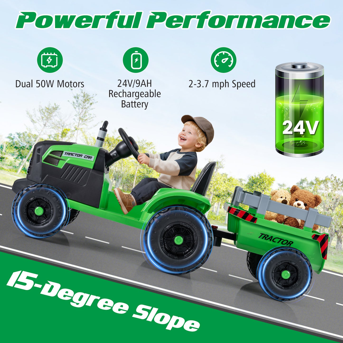 24V Kids Electric Ride On Tractor, Detachable Trailer, Remote Control, Green Powered Ride On Toys at Gallery Canada