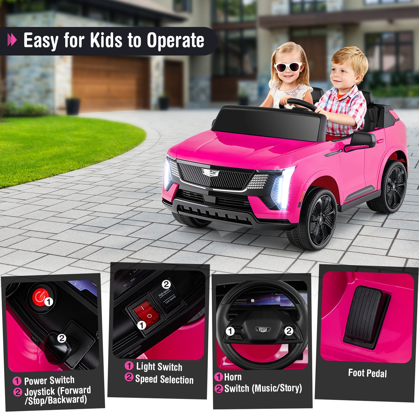 24V Ride on Truck 2-Seater Licensed Cadillac with Remote Control, Pink Powered Ride On Toys at Gallery Canada