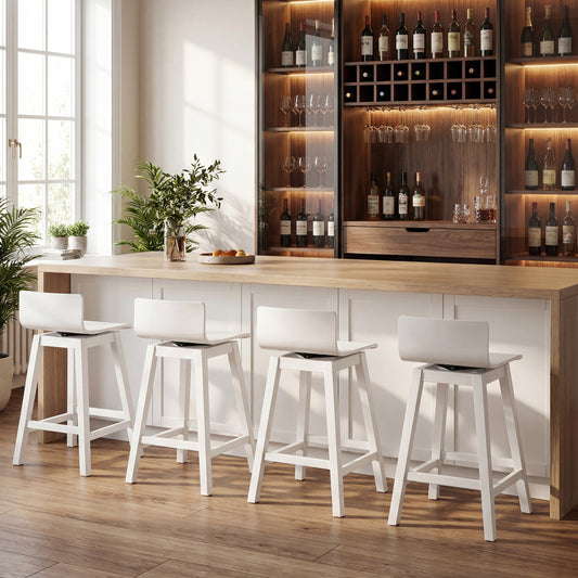 24.5 Inch Swivel Wooden Bar Stools Set of 4 with Rubber Wood Legs and Low Back, White Bar Stools White at Gallery Canada