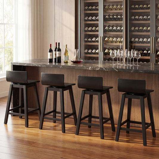 24.5 Inch Swivel Wooden Bar Stools Set of 4 with Rubber Wood Legs and Low Back, Black Bar Stools Black at Gallery Canada