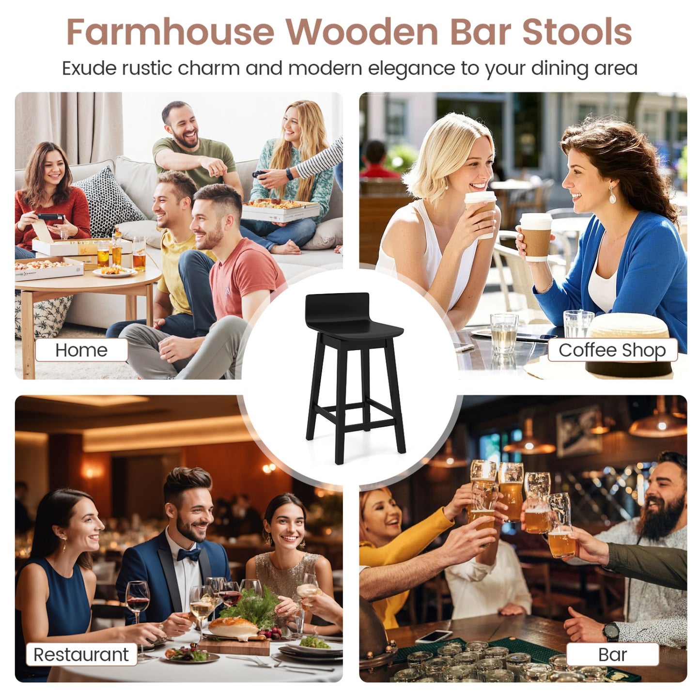 24.5 Inch Swivel Wooden Bar Stools Set of 2 with Rubber Wood Legs and Low Back, Black Bar Stools at Gallery Canada