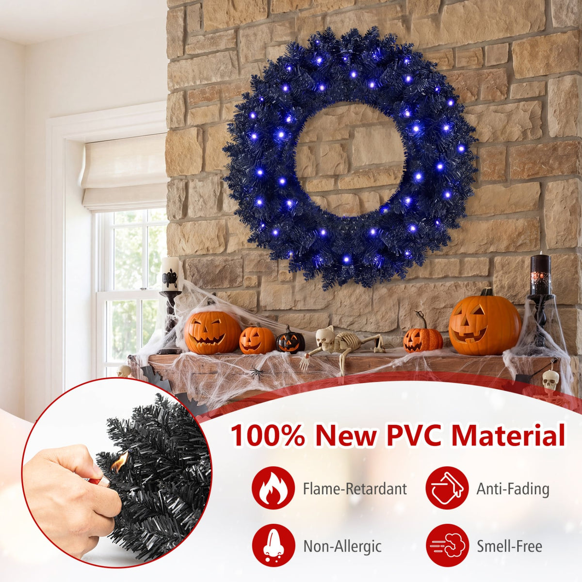 24” Full Wreath with 179 Lush Branch Tips and 35 Purple LED Lights Auto Timer-Set of 2