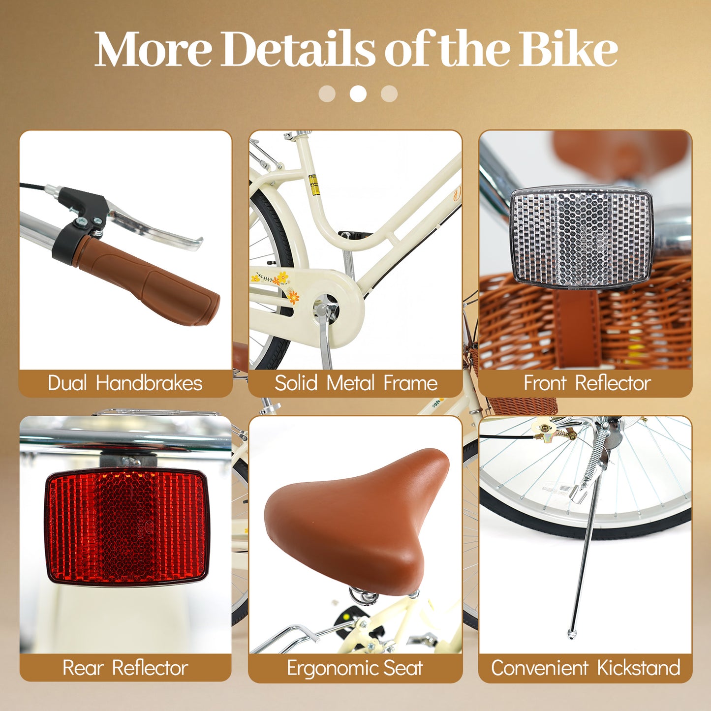 24 Inch Beach Cruiser Bike for Women with Woven Basket and Rear Rack - Beige, Beige Kids Bike at Gallery Canada