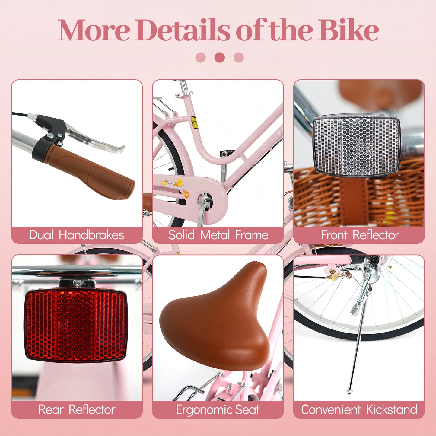 24-Inch Beach Cruiser Bike for Women with Woven Basket and Rear Rack - Pink, Pink Kids Bike at Gallery Canada