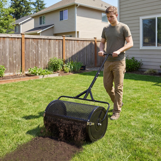 24 Inch Compost Spreader, Peat Moss Roller, Height-Adjustable Handle, Black Lawn Care Tools Black at Gallery Canada