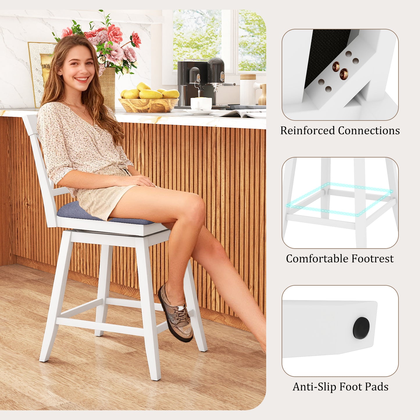 24 Inch Counter Height Barstools with Backrest and Upholstered Seat Cushion for Kitchen Dining Room, White