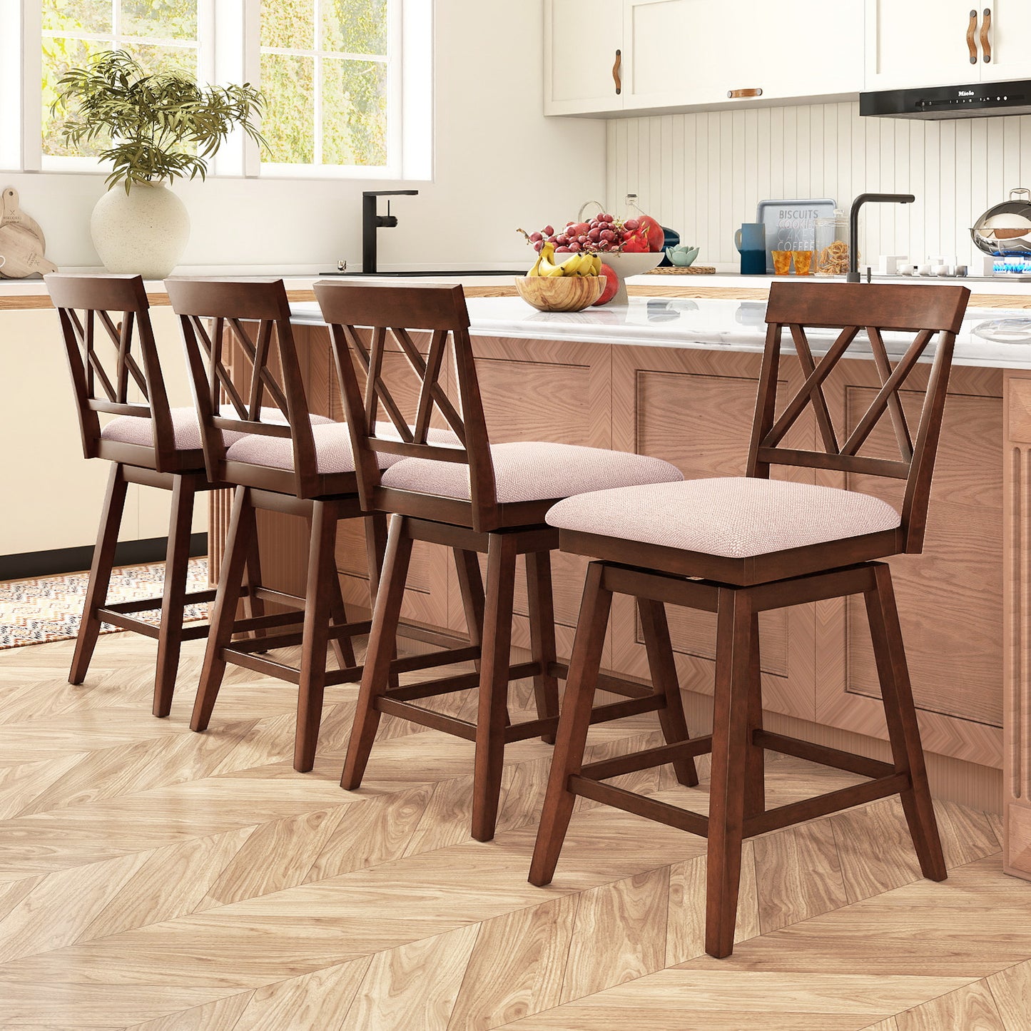 24 Inch Counter Height Barstools with Backrest and Upholstered Seat Cushion for Kitchen Dining Room, Oak Bar Stools at Gallery Canada