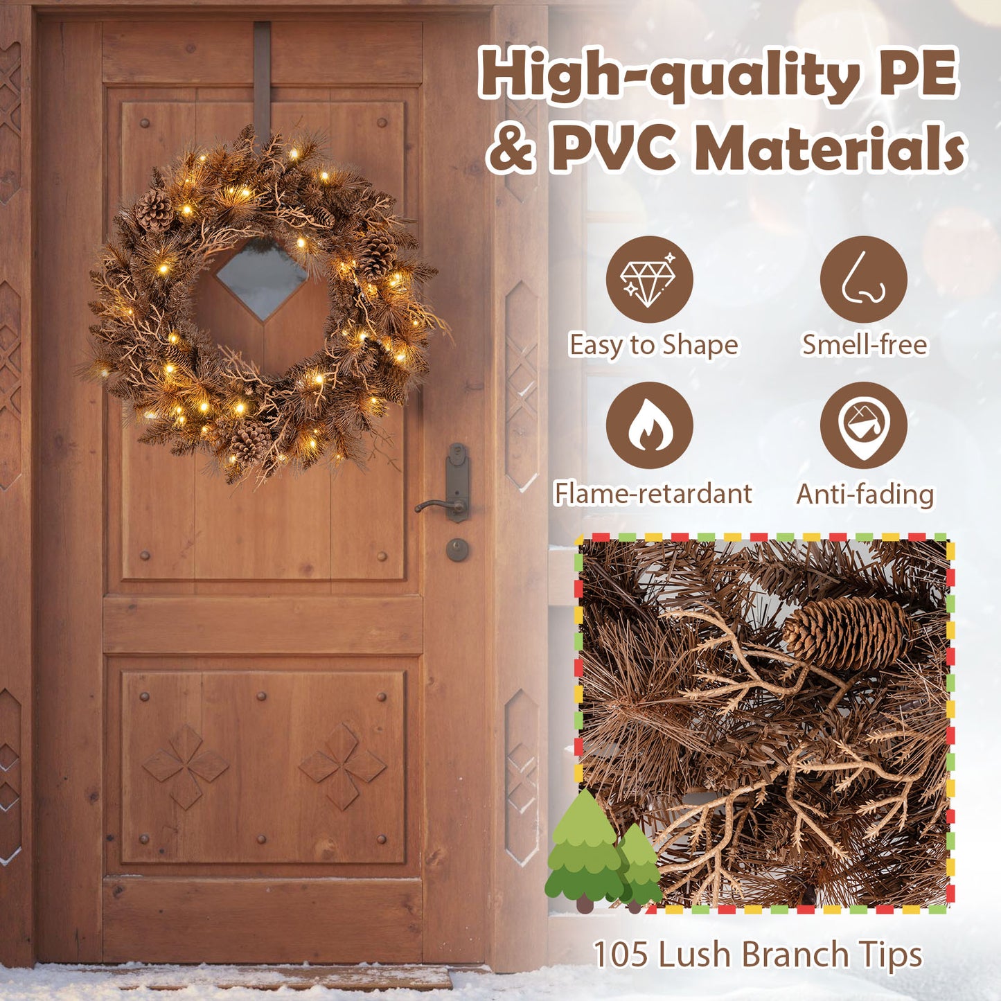 24 Inch Pre-lit Christmas Wreath with 105 Branch Tips and 35 Warm White LED Lights-1 piece Christmas Decor & Accessories at Gallery Canada