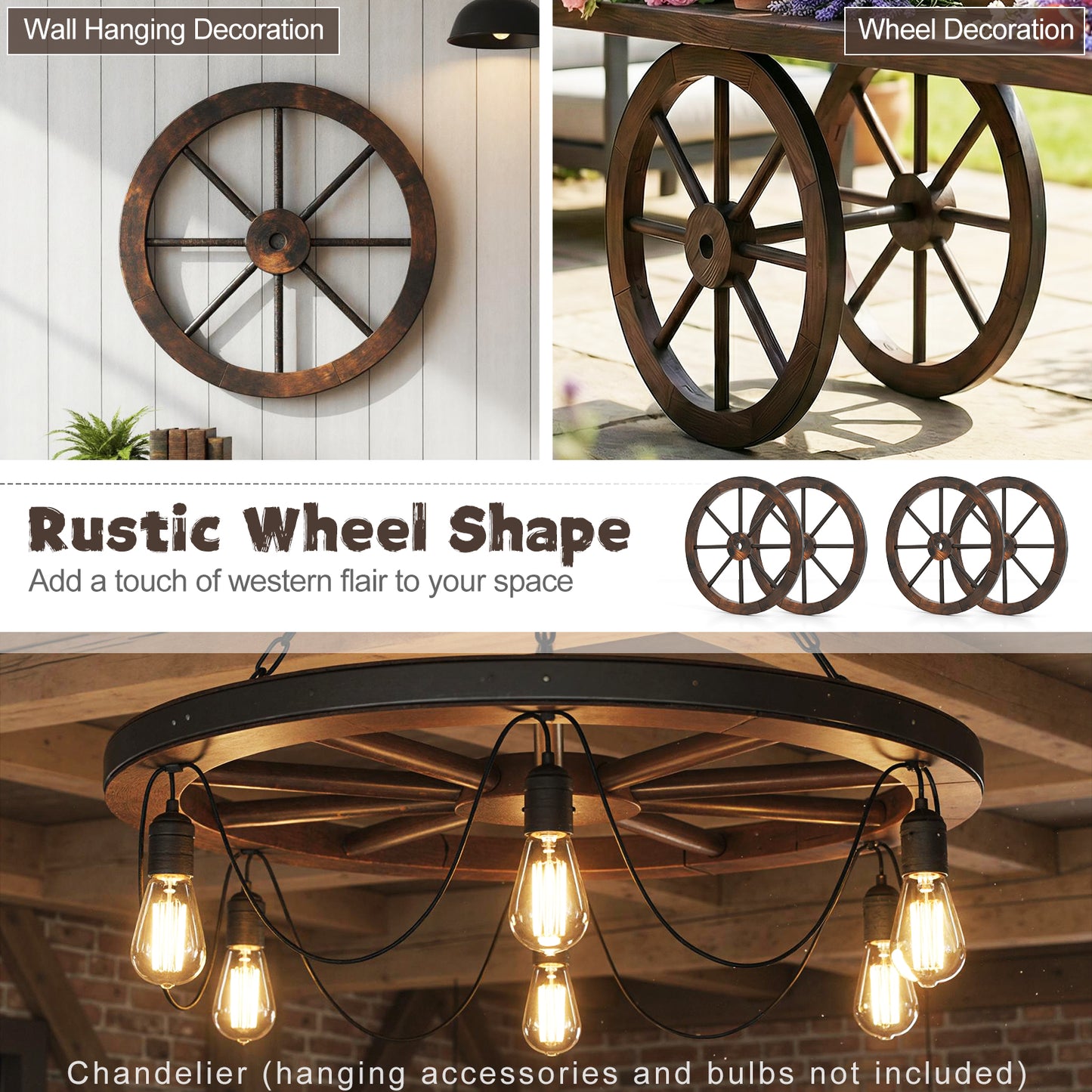 24-Inch Set of 2 Decorative Wooden Wagon Wheel, Carbonized Fir, Rustic Brown Outdoor Decor at Gallery Canada