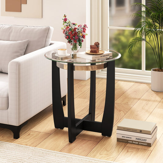 24 Inches Round Side Table with Tempered Glass Top and Solid Rubber Wood Base, Black End & Side Tables Black at Gallery Canada