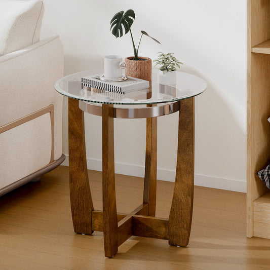 24 Inches Round Side Table with Tempered Glass Top and Solid Rubber Wood Base, Walnut End & Side Tables Walnut at Gallery Canada