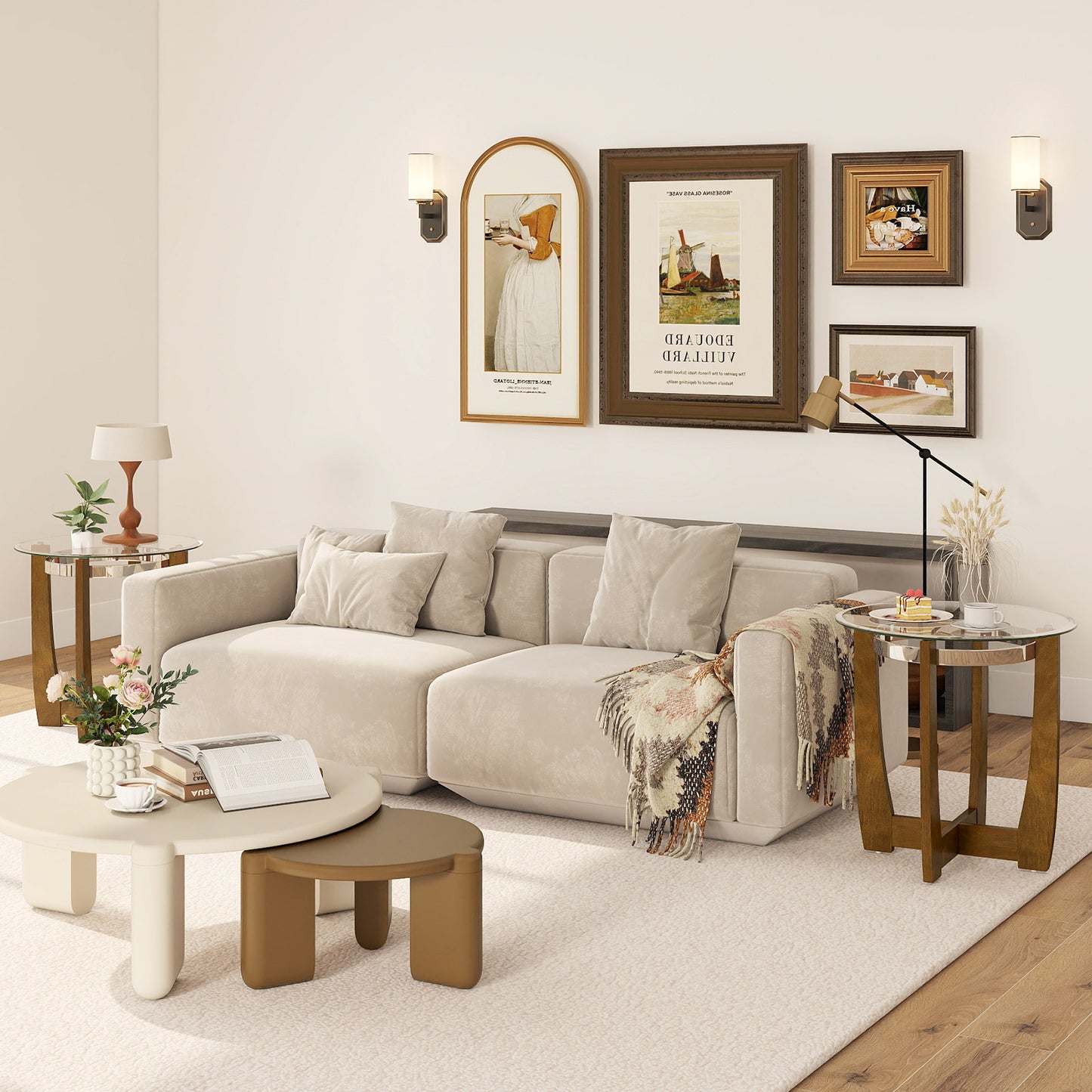 24 Inches Round Side Table with Tempered Glass Top and Solid Rubber Wood Base, Walnut End & Side Tables at Gallery Canada