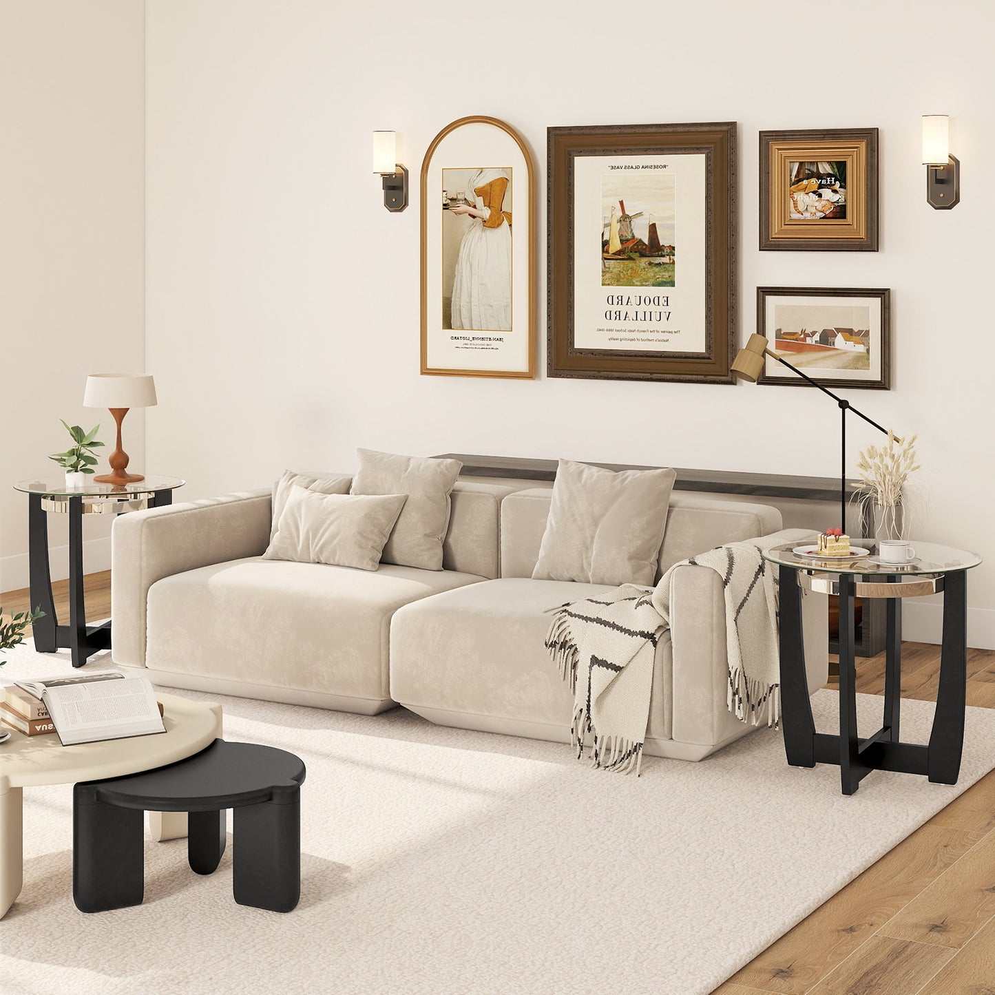 24 Inches Round Side Table with Tempered Glass Top and Solid Rubber Wood Base, Black End & Side Tables at Gallery Canada