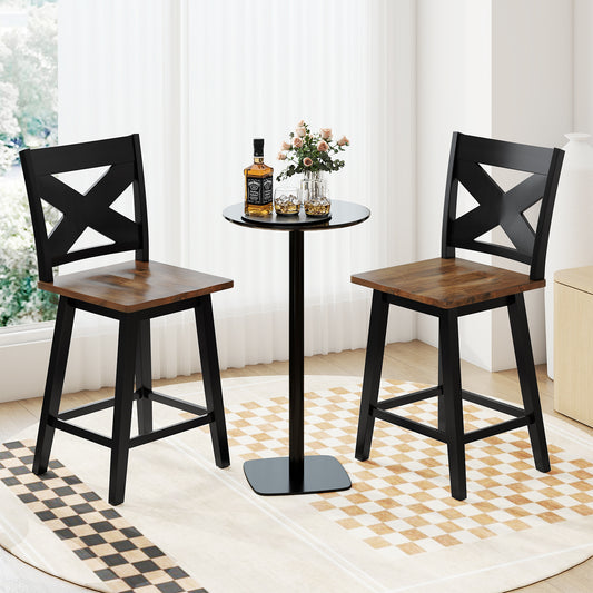 24" Rubberwood Swivel Barstools Set of 2 with Backrest and Large Seat, Black