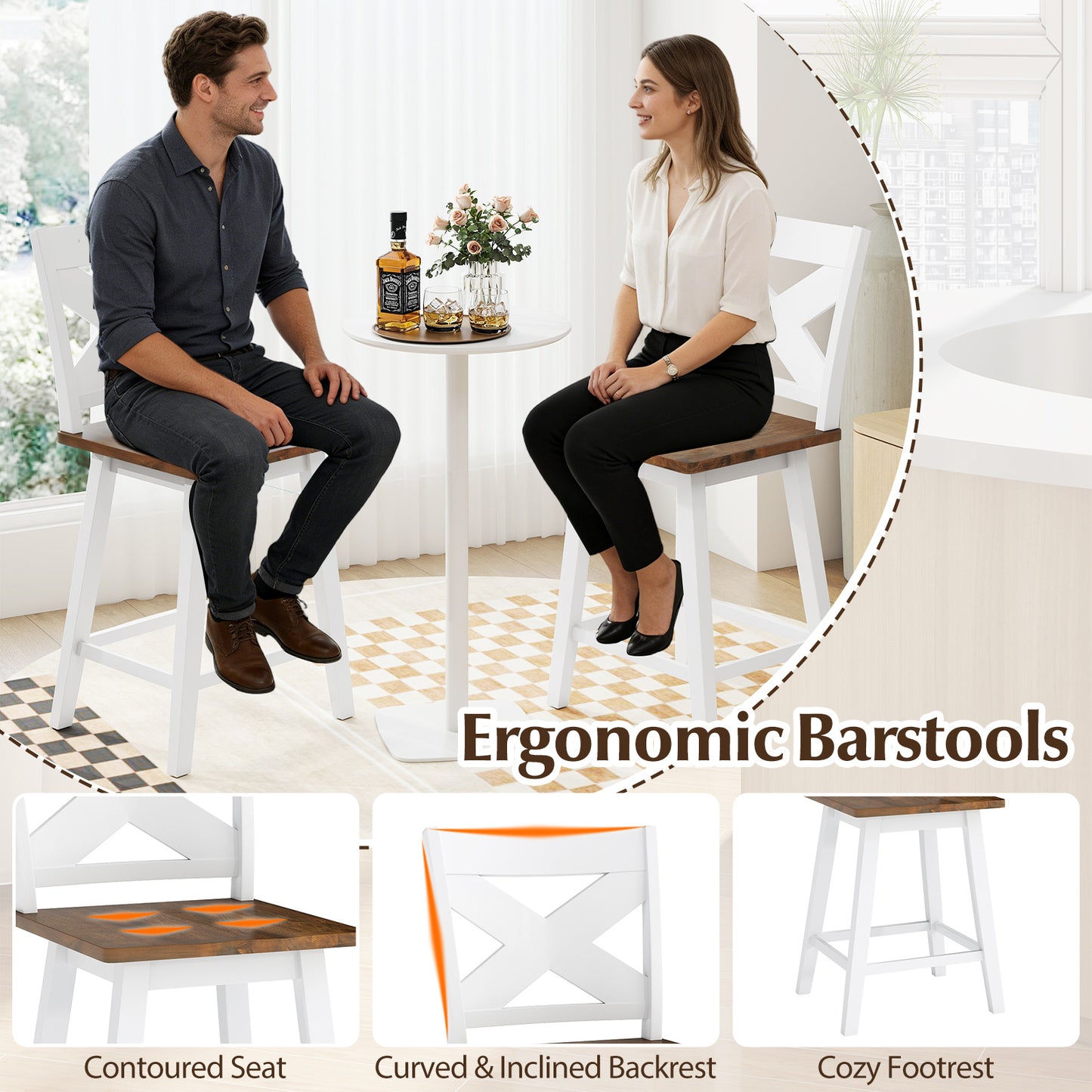 24" Rubberwood Swivel Barstools Set of 4 with Backrest and Large Seat, White Bar Stools at Gallery Canada