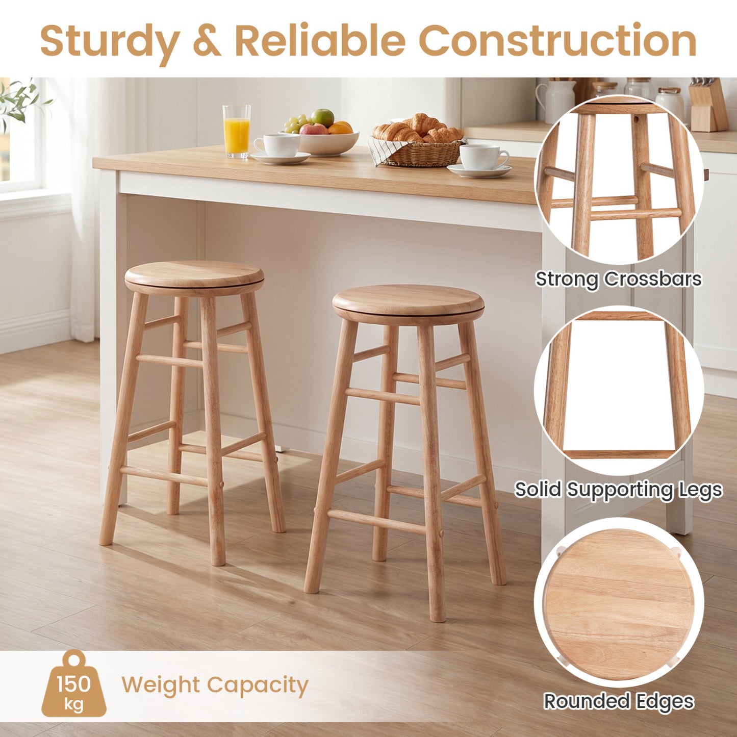 24" Swivel Bar Stools Set of 2, Natural Bar Stools at Gallery Canada