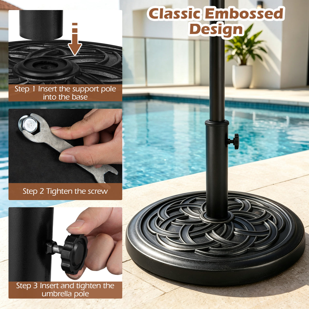 Base d'ombrelle ronde de 24 lbs, bouton réglable, 2 adaptateurs, noir