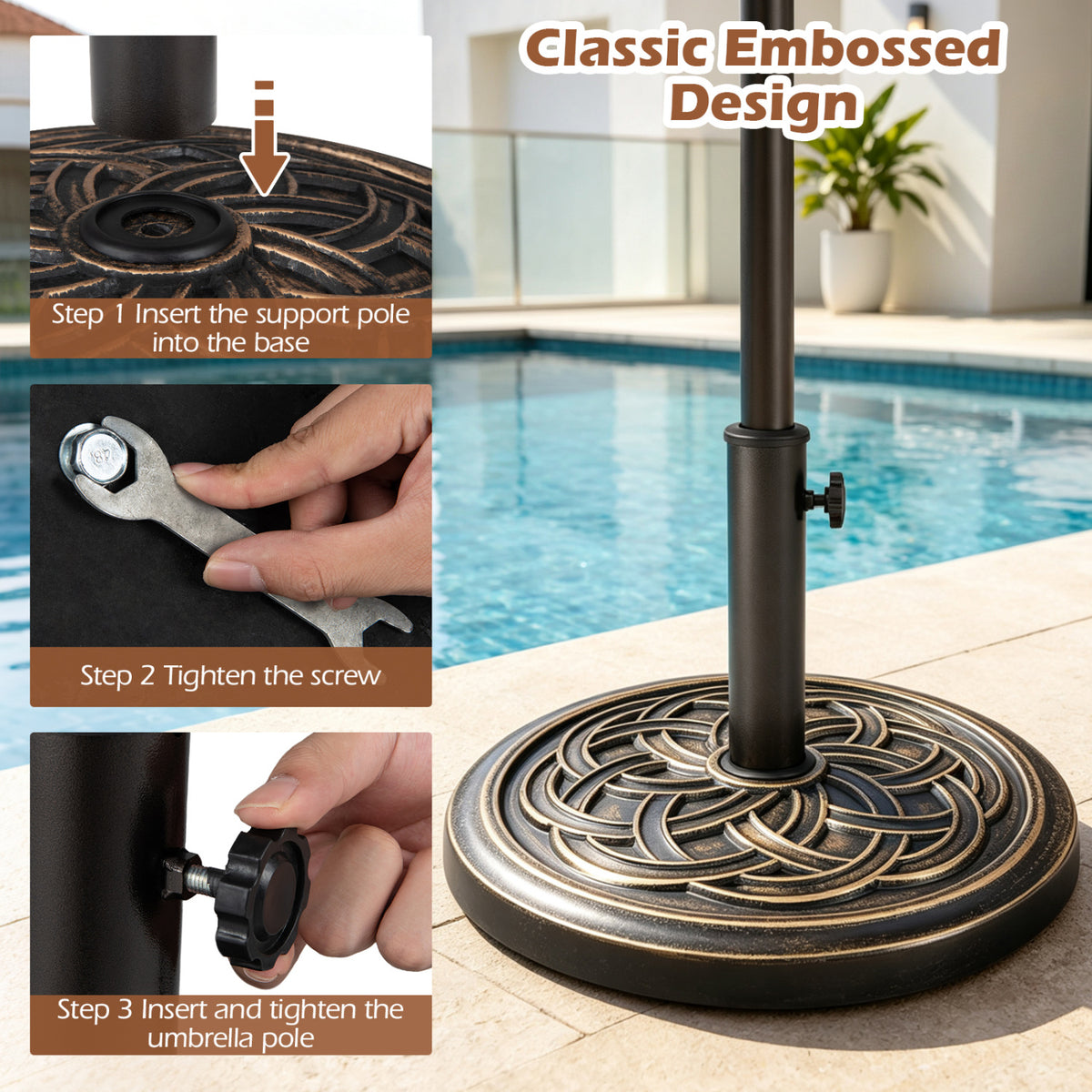 Base d'ombrelle ronde de 24 Lbs, bouton réglable, 2 adaptateurs, bronze