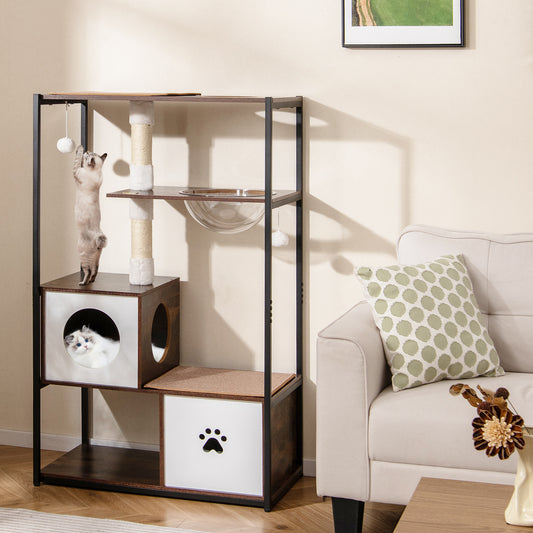 52 Inch Tall Wooden Cat Tree, Metal Frame, 2 Condos, Cushions, Coffee Cat Trees Condos & Scratchers Coffee at Gallery Canada