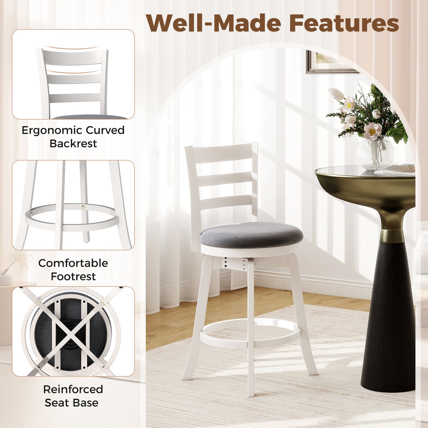 25"/30.5" Swivel Barstools Set of 2 360° Rotating Bar/Counter Height Chairs with Upholstered Seat-25 Inch Bar Stools at Gallery Canada